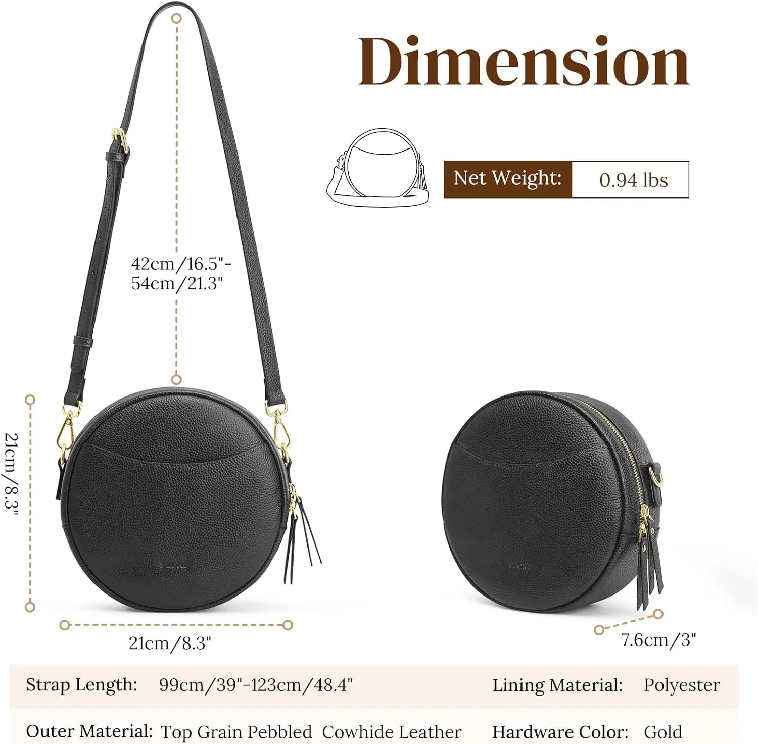 S-ZONE Leather Crossbody Bags for Women Vintage Circle Shoulder Purse Trendy Round Handbag with Adjustable Strap
