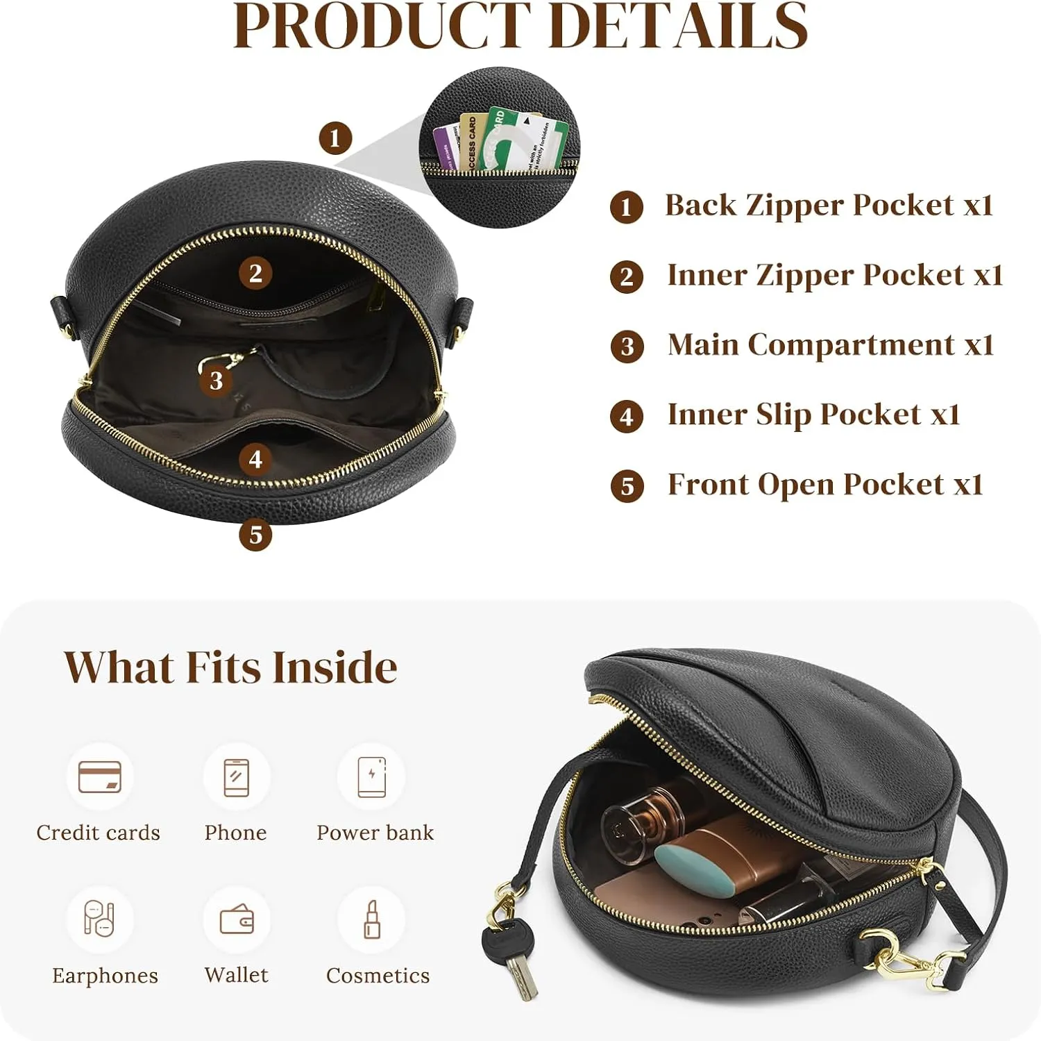 S-ZONE Leather Crossbody Bags for Women Vintage Circle Shoulder Purse Trendy Round Handbag with Adjustable Strap