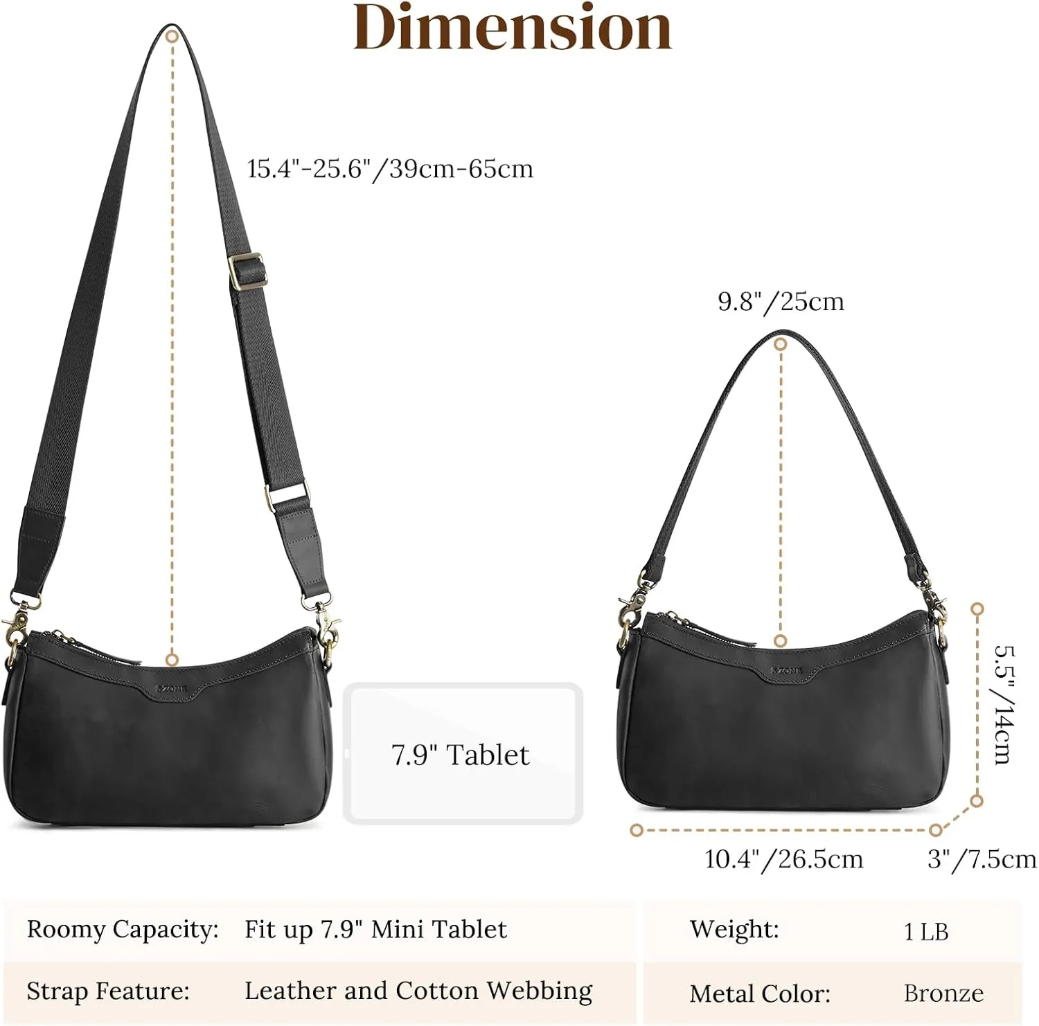 S-ZONE Leather Shoulder Bag for Women Small Crossbody Bags Hobo Purses with 2 Straps