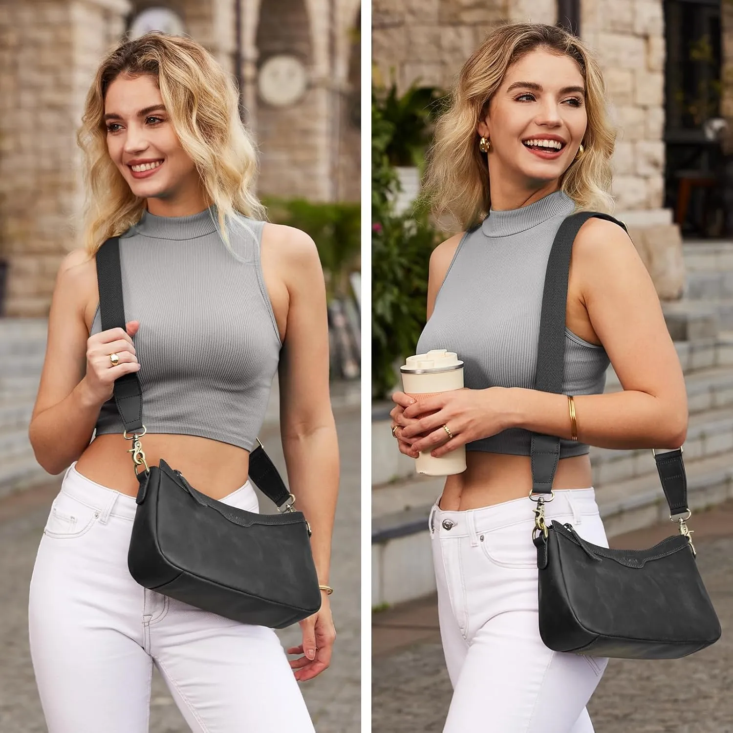 S-ZONE Leather Shoulder Bag for Women Small Crossbody Bags Hobo Purses with 2 Straps