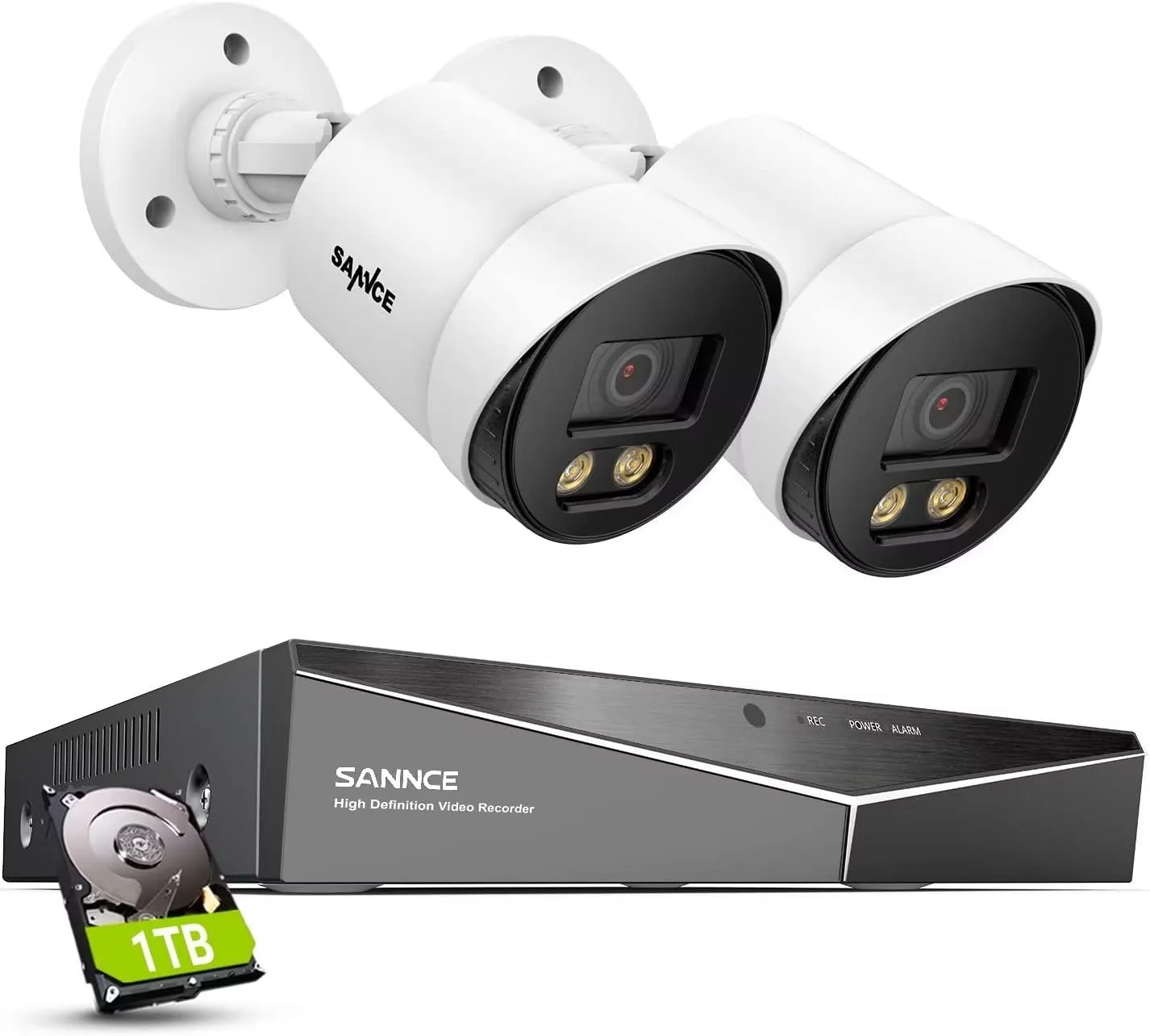 SANNCE CCTV Security Camera System 1080P Colour Night Vision, 8 Channel Digital Video Recorder DVR with Hard Drive 1TB, 2PCS Surveillance Bullet Cameras Outdoor IP66, Motion Detection, Easy DIY
