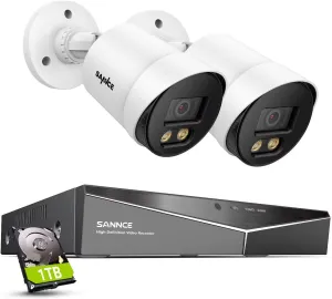 SANNCE CCTV Security Camera System 1080P Colour Night Vision, 8 Channel Digital Video Recorder DVR with Hard Drive 1TB, 2PCS Surveillance Bullet Cameras Outdoor IP66, Motion Detection, Easy DIY