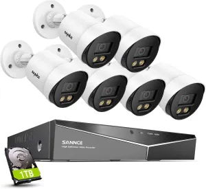 SANNCE CCTV Security Camera System 1080P Colour Night Vision, 8 Channel Digital Video Recorder DVR with Hard Drive 1TB, 6PCS Surveillance Bullet Cameras Outdoor IP66, Motion Detection, Easy DIY
