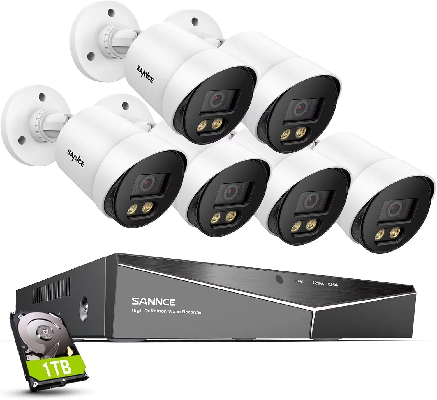SANNCE CCTV Security Camera System 1080P Colour Night Vision, 8 Channel Digital Video Recorder DVR with Hard Drive 1TB, 6PCS Surveillance Bullet Cameras Outdoor IP66, Motion Detection, Easy DIY