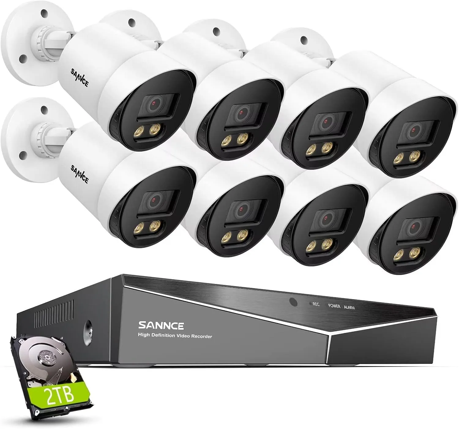 SANNCE CCTV Security Camera System 1080P Colour Night Vision, 8 Channel Digital Video Recorder DVR with Hard Drive 2TB, 8PCS Surveillance Bullet Cameras Outdoor IP66, Motion Detection, Easy DIY