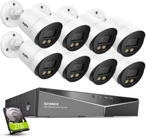 SANNCE CCTV Security Camera System 1080P Colour Night Vision, 8 Channel Digital Video Recorder DVR with Hard Drive 2TB, 8PCS Surveillance Bullet Cameras Outdoor IP66, Motion Detection, Easy DIY