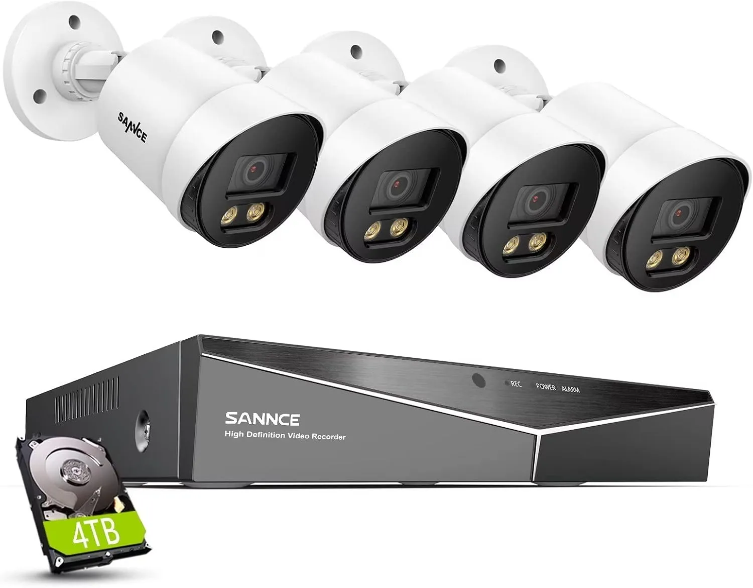 SANNCE CCTV Security Camera System 1080P Colour Night Vision, 8 Channel Digital Video Recorder DVR with Hard Drive 4TB, 4PCS Surveillance Bullet Cameras Outdoor IP66, Motion Detection, Easy DIY
