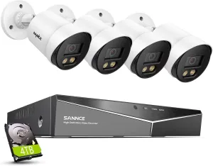 SANNCE CCTV Security Camera System 1080P Colour Night Vision, 8 Channel Digital Video Recorder DVR with Hard Drive 4TB, 4PCS Surveillance Bullet Cameras Outdoor IP66, Motion Detection, Easy DIY