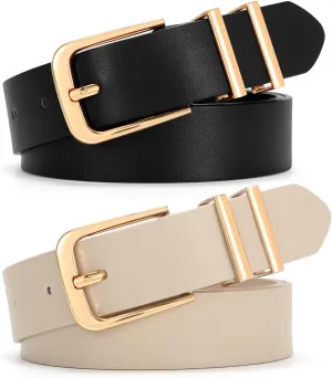 SANSTHS 2 Pack Women Belt for Jeans Pants, Simple Fashion Ladies Waist Belt with Gold Buckle, 1inch Width