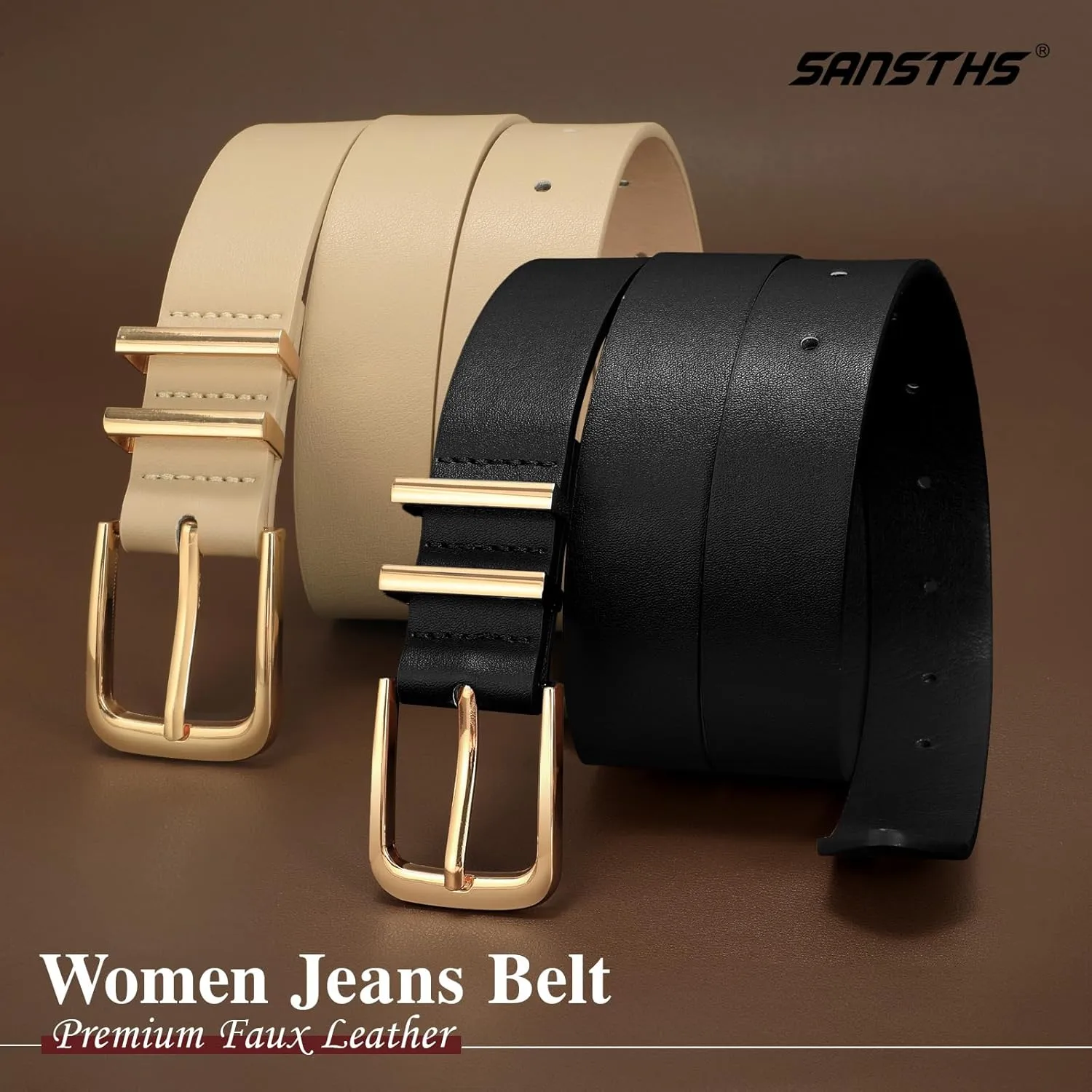 SANSTHS 2 Pack Women Belt for Jeans Pants, Simple Fashion Ladies Waist Belt with Gold Buckle, 1inch Width