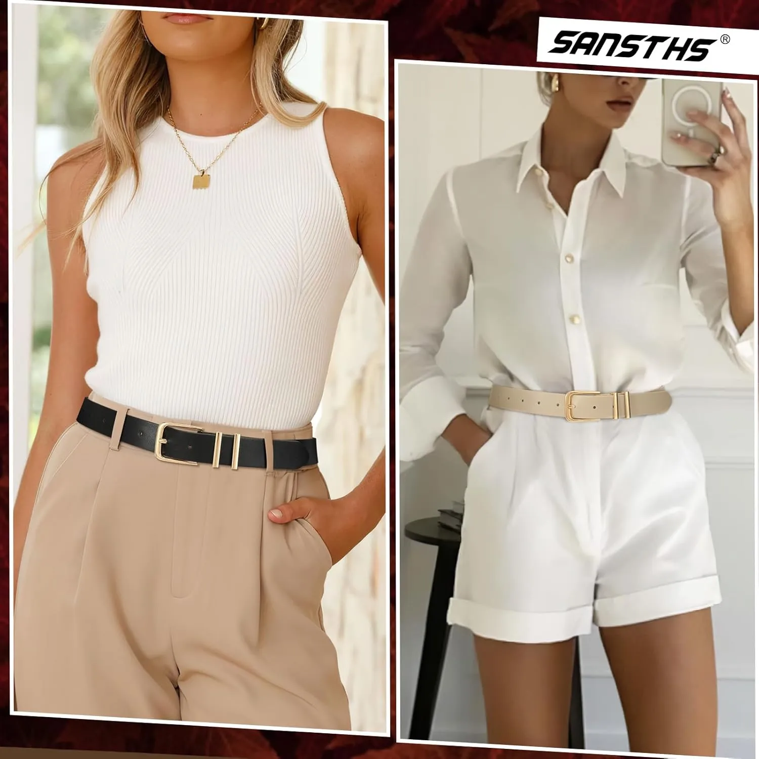 SANSTHS 2 Pack Women Belt for Jeans Pants, Simple Fashion Ladies Waist Belt with Gold Buckle, 1inch Width