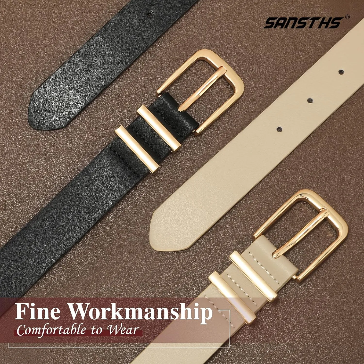 SANSTHS 2 Pack Women Belt for Jeans Pants, Simple Fashion Ladies Waist Belt with Gold Buckle, 1inch Width