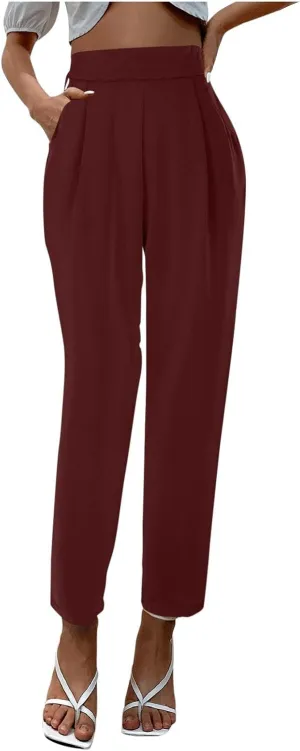 Satin Pants for Women High Waisted Pants Casual Loose Fitting Slacks with Imitation Silk Pockets Stretchy Trousers