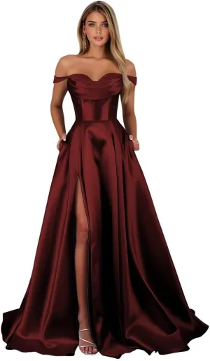 Satin Prom Dress for Women Off The Shoulder Formal Evening Dresses with Slit Sweetheart Ball Gown AD085