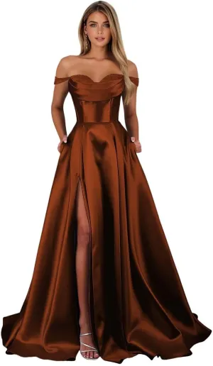 Satin Prom Dress for Women Off The Shoulder Formal Evening Dresses with Slit Sweetheart Ball Gown AD085