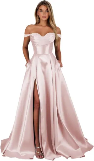 Satin Prom Dress for Women Off The Shoulder Formal Evening Dresses with Slit Sweetheart Ball Gown AD085