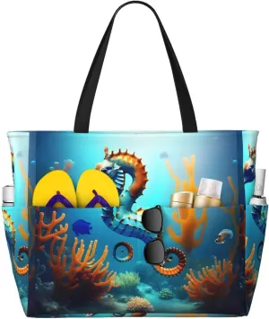 Seabed Coral Seahorse Large Capacity Waterproof Sandproof With Zipper Beach Bag 17.7x6.7x15in For Gym Grocery Store Travel Camping