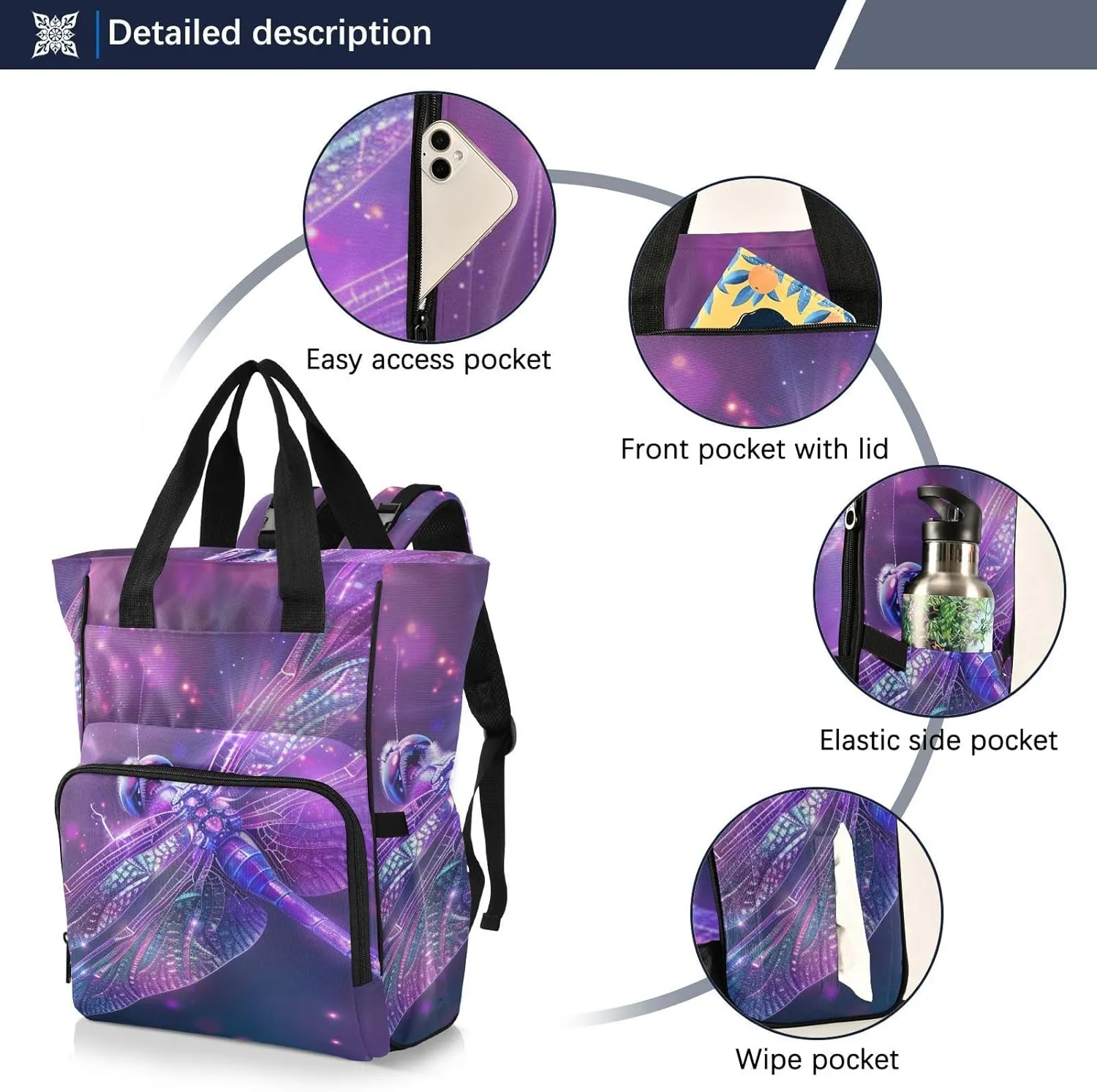 senya Diaper Bag Backpack, Dragonfly Purple Sparkle Magical Multifunction Travel Bag for Moms Dads