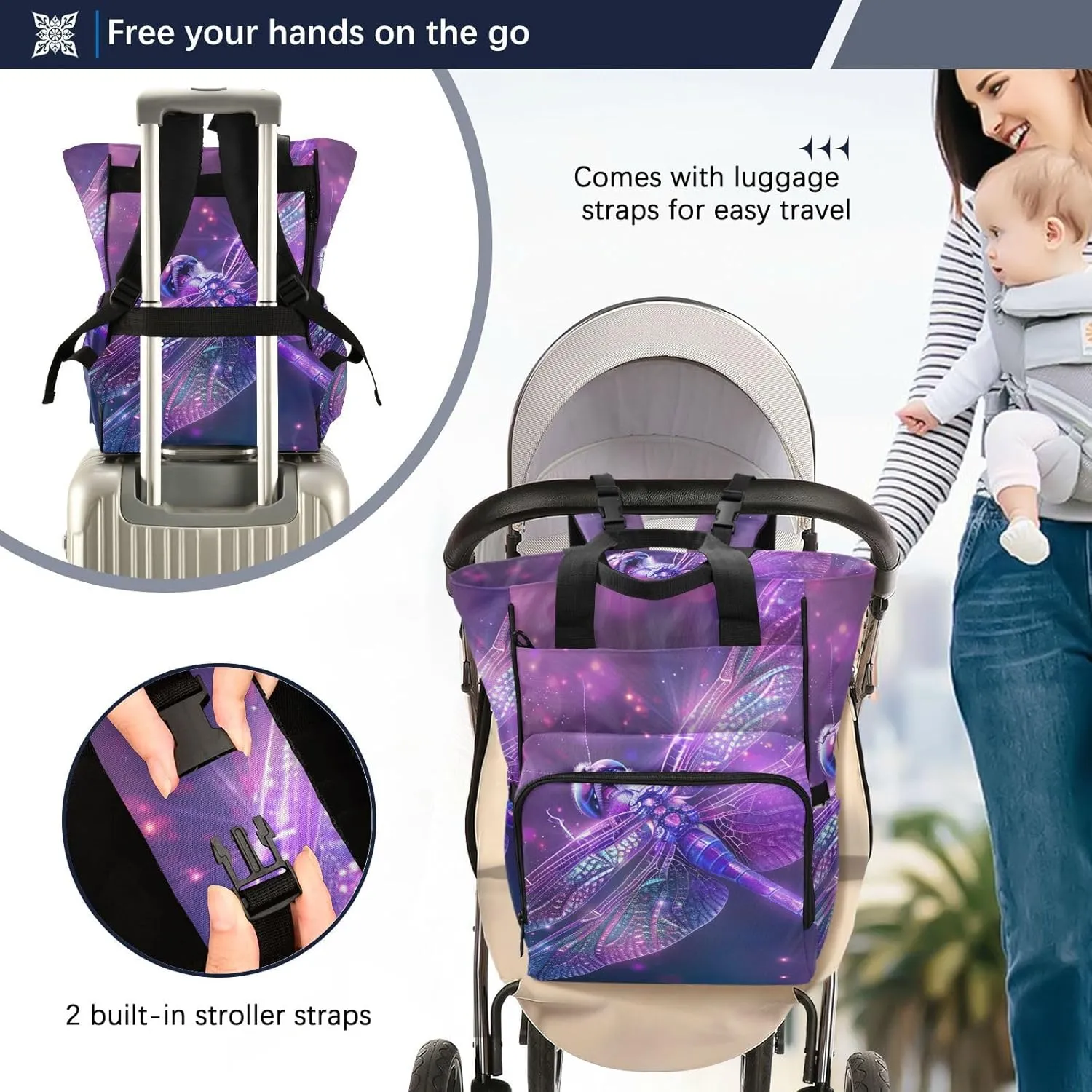 senya Diaper Bag Backpack, Dragonfly Purple Sparkle Magical Multifunction Travel Bag for Moms Dads