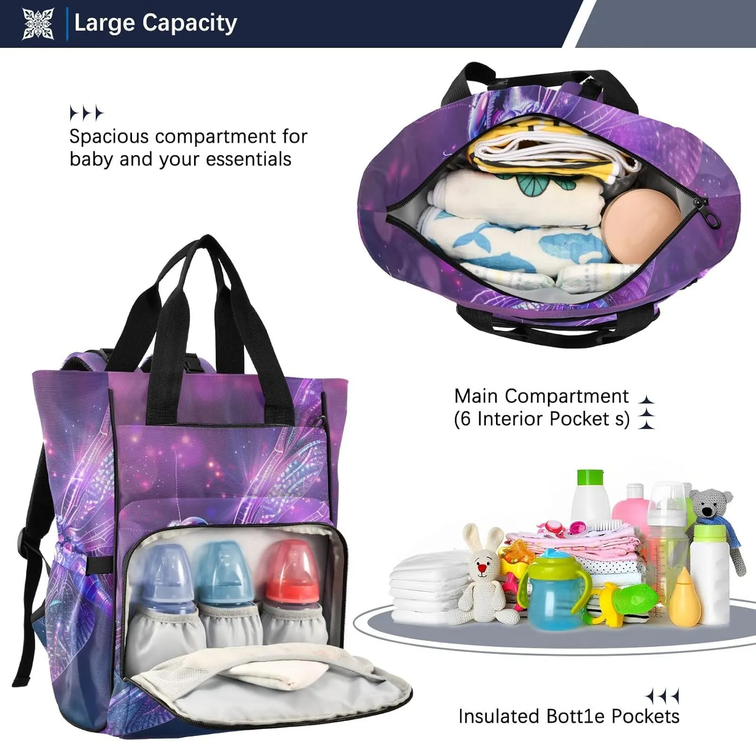 senya Diaper Bag Backpack, Dragonfly Purple Sparkle Magical Multifunction Travel Bag for Moms Dads