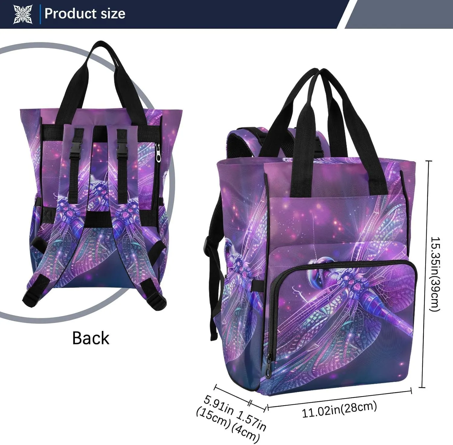 senya Diaper Bag Backpack, Dragonfly Purple Sparkle Magical Multifunction Travel Bag for Moms Dads