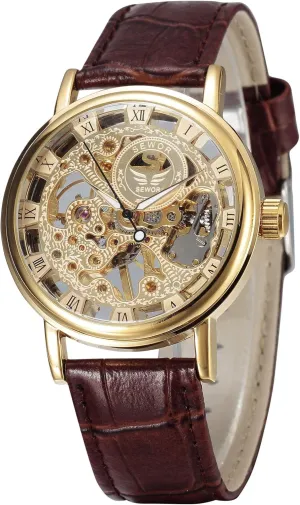 SEWOR Men's Mechanical Skeleton Transparent Vintage Style Leather Wrist Watch (Gold-1)
