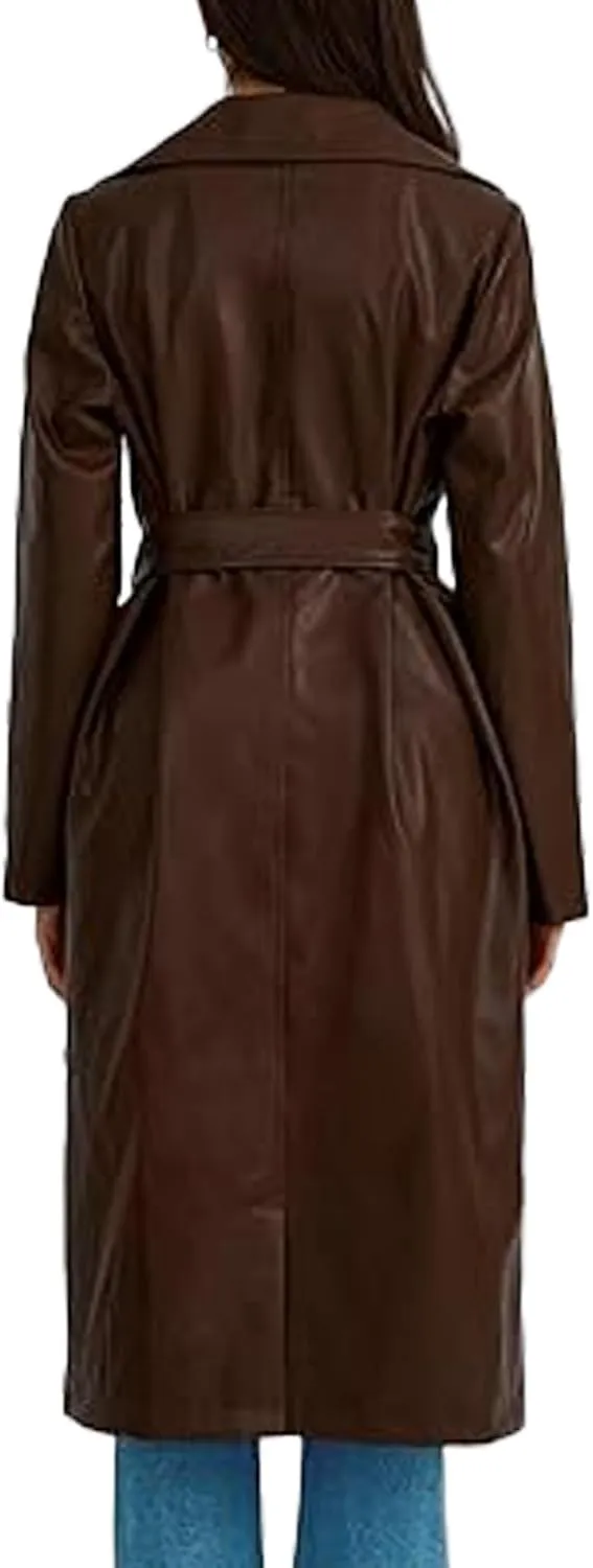 Sexyshine Women's Faux Leather Trench Coat Notched Lapel PU Leather Long Coat Open Front Motorcycle Belted Maxi Jacket