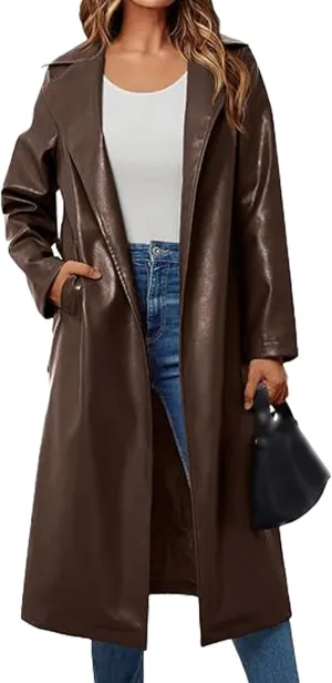Sexyshine Women's Faux Leather Trench Coat Notched Lapel PU Leather Long Coat Open Front Motorcycle Belted Maxi Jacket