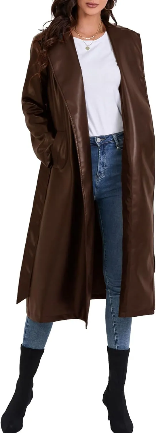 Sexyshine Women's Faux Leather Trench Coat Notched Lapel PU Leather Long Coat Open Front Motorcycle Belted Maxi Jacket