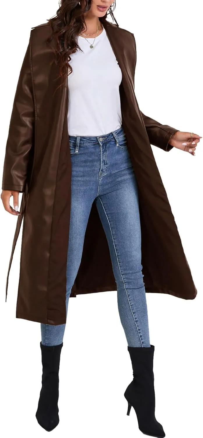 Sexyshine Women's Faux Leather Trench Coat Notched Lapel PU Leather Long Coat Open Front Motorcycle Belted Maxi Jacket