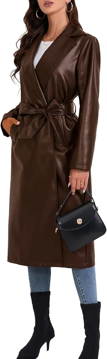 Sexyshine Women's Faux Leather Trench Coat Notched Lapel PU Leather Long Coat Open Front Motorcycle Belted Maxi Jacket
