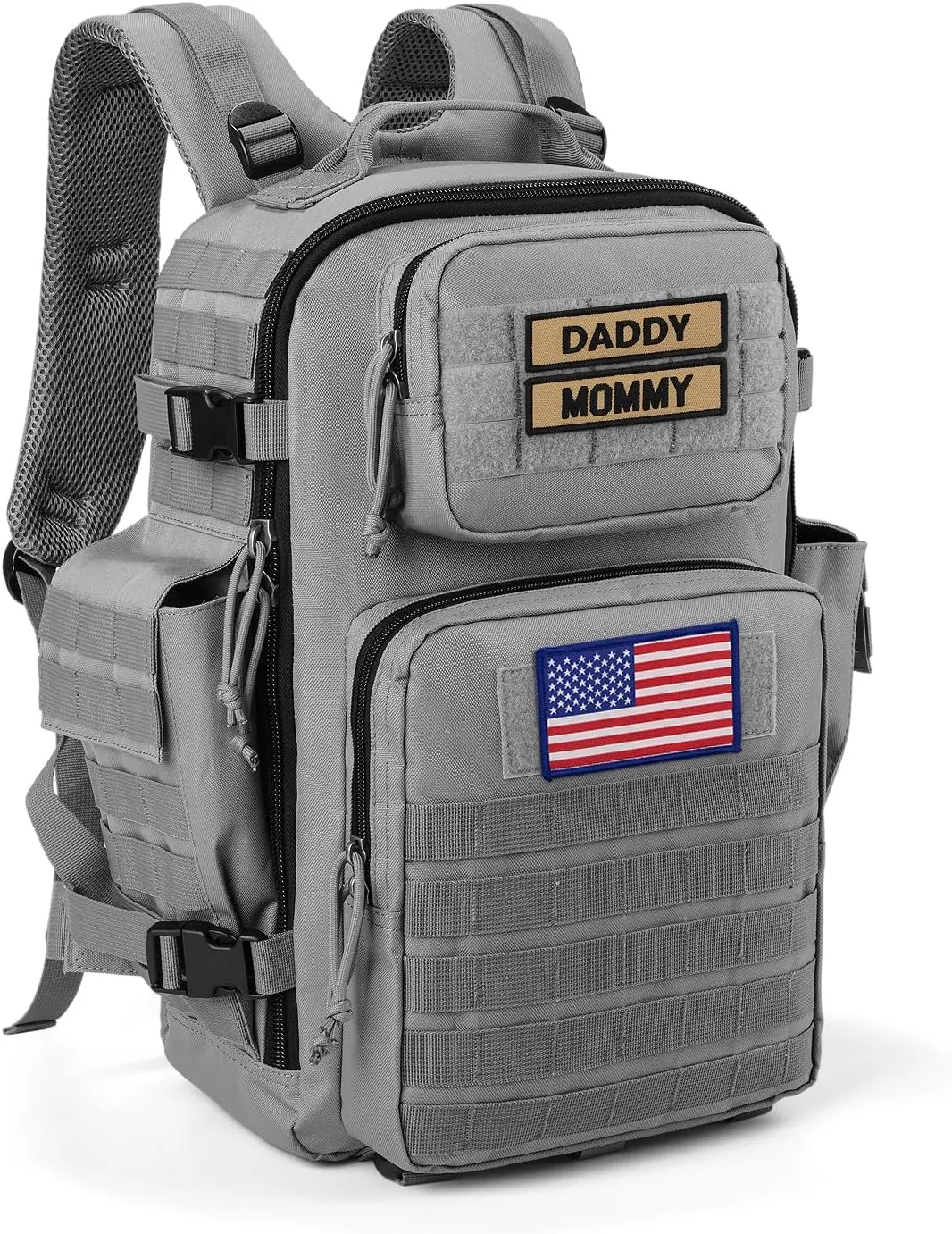 SHARKMOUTH Baby Diaper Bag for Dad - Military Diaper Backpack with Patches for Outdoor Hiking Travel Camping Park - Baby Shower Gifts Gray