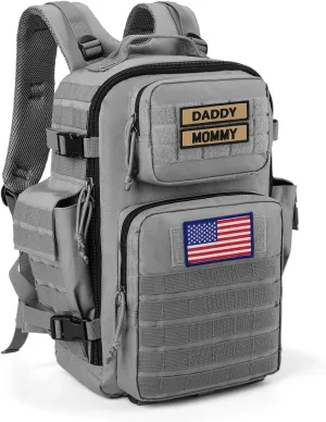 SHARKMOUTH Baby Diaper Bag for Dad - Military Diaper Backpack with Patches for Outdoor Hiking Travel Camping Park - Baby Shower Gifts Gray