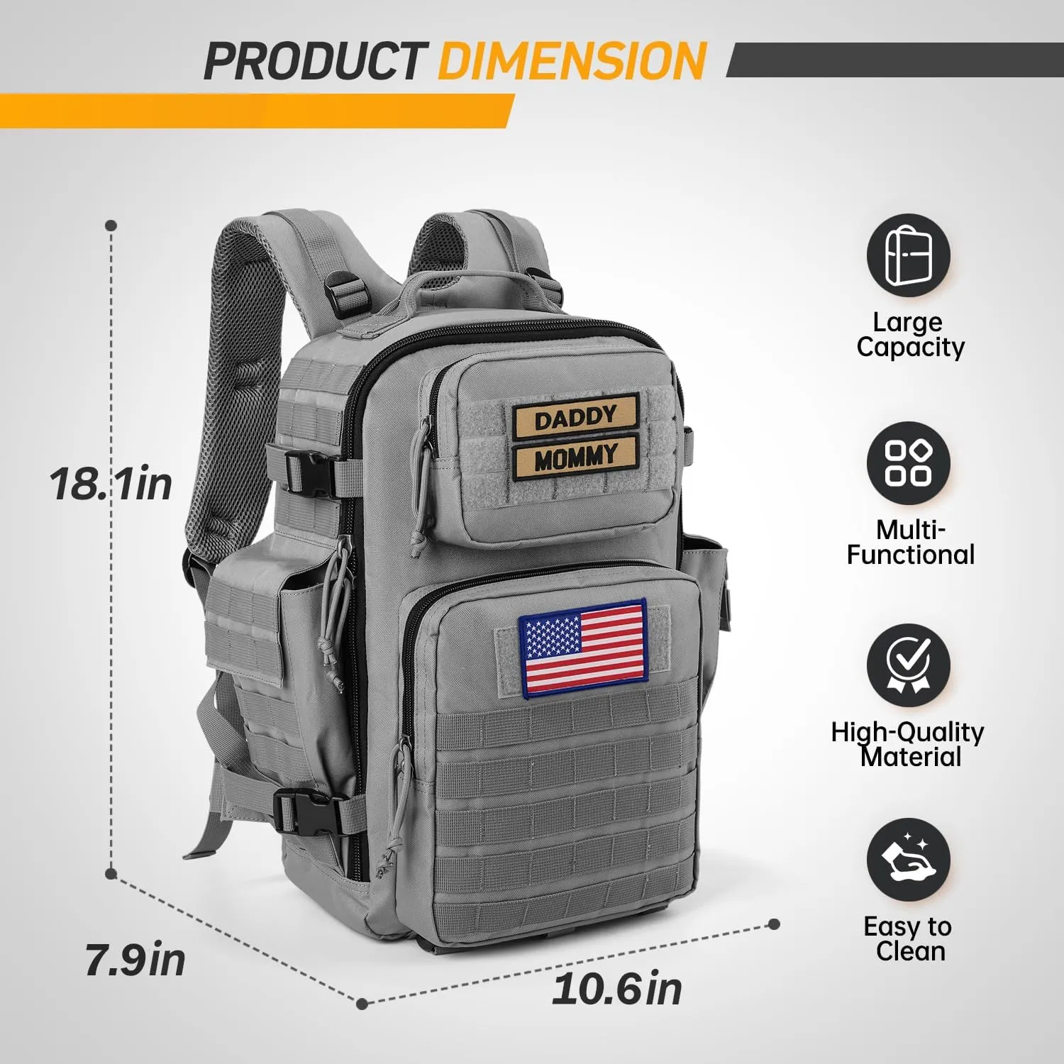 SHARKMOUTH Baby Diaper Bag for Dad - Military Diaper Backpack with Patches for Outdoor Hiking Travel Camping Park - Baby Shower Gifts Gray