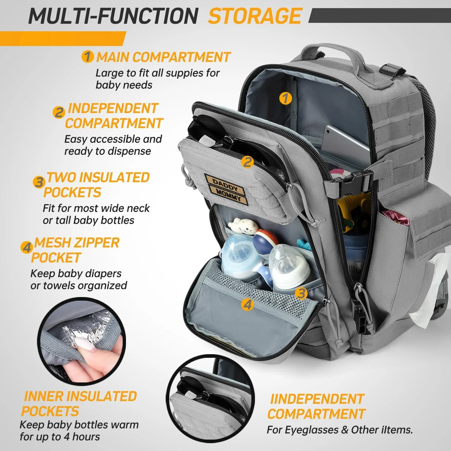 SHARKMOUTH Baby Diaper Bag for Dad - Military Diaper Backpack with Patches for Outdoor Hiking Travel Camping Park - Baby Shower Gifts Gray