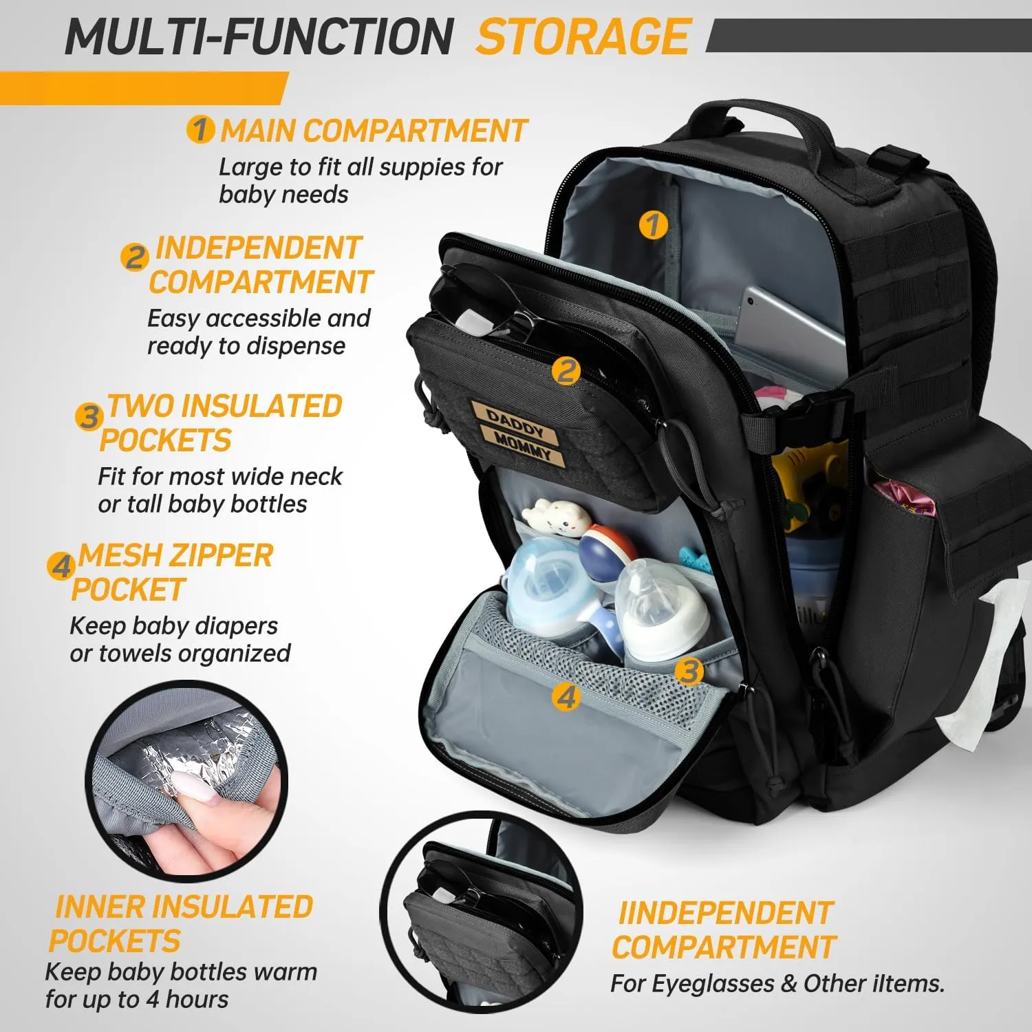 SHARKMOUTH Dad Diaper Bag for Men - Military Baby Backpack with Patches for Hiking Travel Camping Trips - Baby Shower Gifts Black