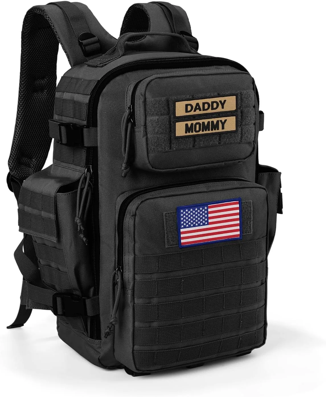 SHARKMOUTH Dad Diaper Bag for Men - Military Baby Backpack with Patches for Hiking Travel Camping Trips - Baby Shower Gifts Black