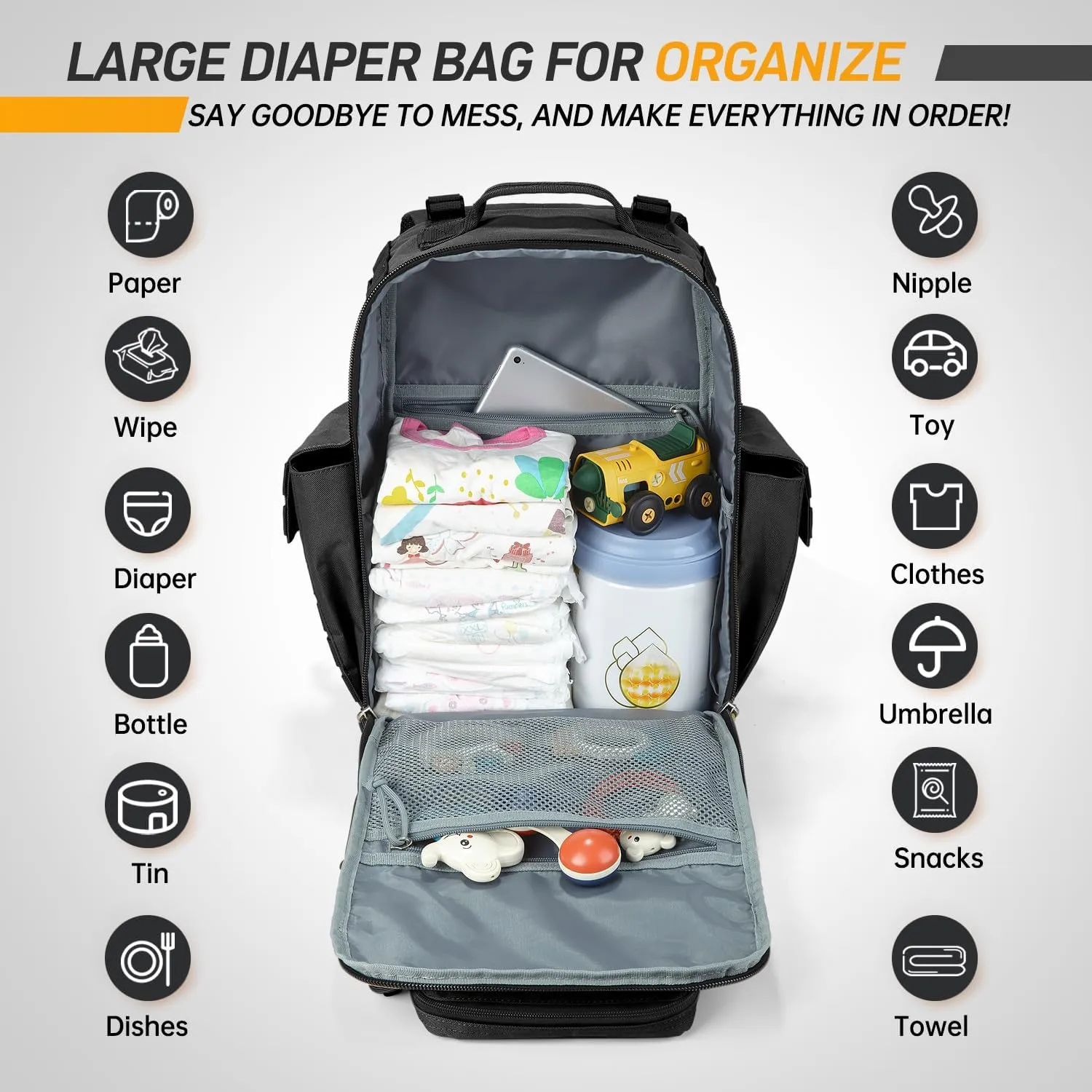 SHARKMOUTH Dad Diaper Bag for Men - Military Baby Backpack with Patches for Hiking Travel Camping Trips - Baby Shower Gifts Black