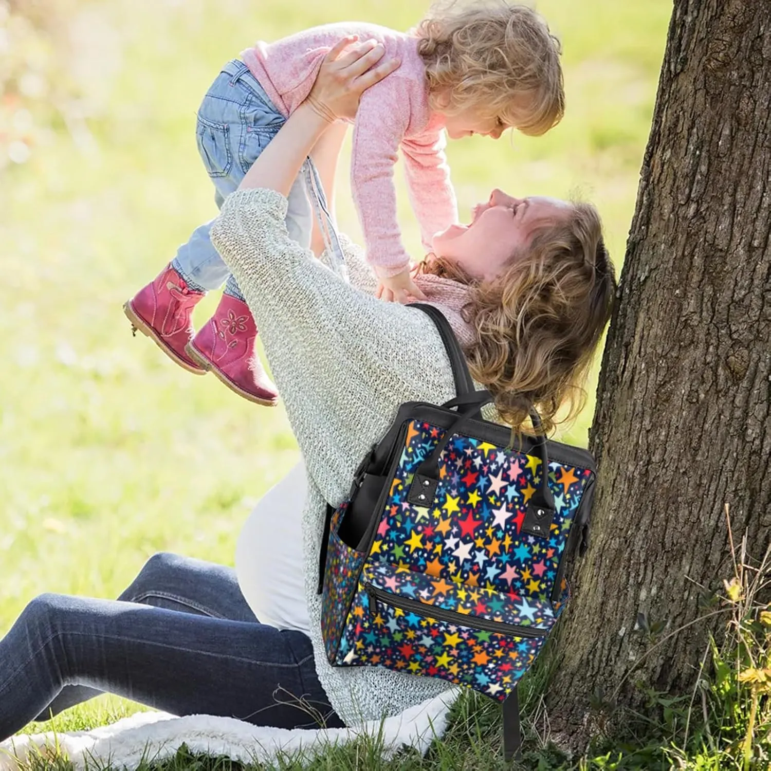 Shooting Star Spectacle Double Shoulder Mommy Bag for Women, Polyester Large Capacity Diaper Backpack with Multi Pockets, Waterproof Adjustable Straps Diaper Bag for Moms Dads, 11''×7''×15.7''