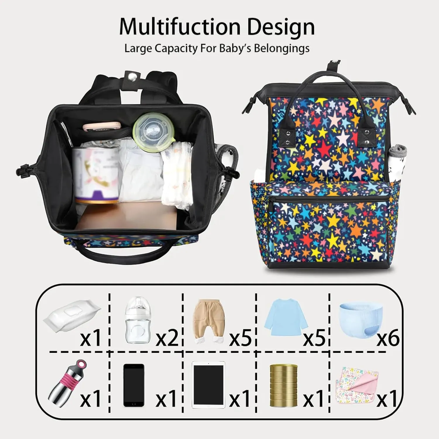 Shooting Star Spectacle Double Shoulder Mommy Bag for Women, Polyester Large Capacity Diaper Backpack with Multi Pockets, Waterproof Adjustable Straps Diaper Bag for Moms Dads, 11''×7''×15.7''