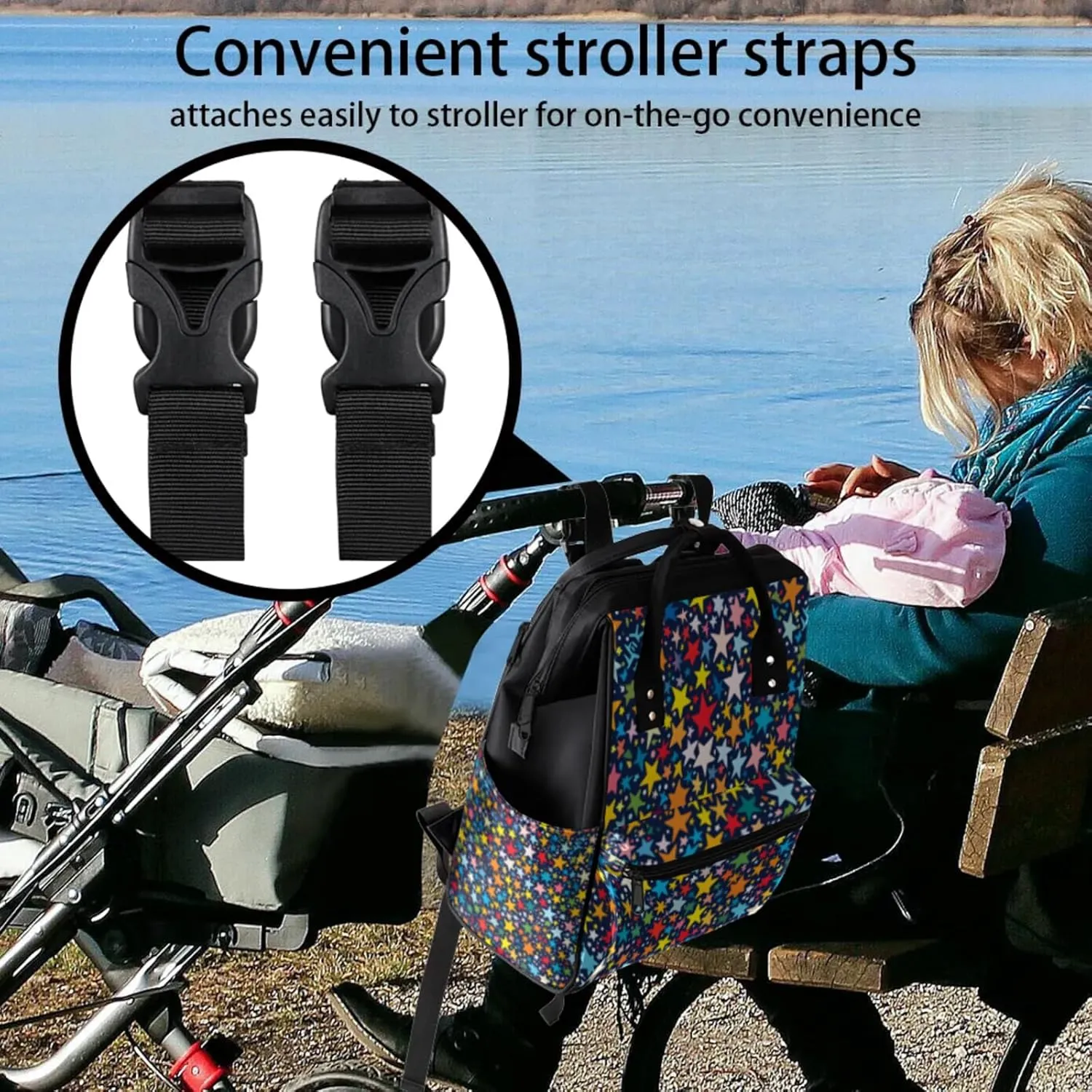 Shooting Star Spectacle Double Shoulder Mommy Bag for Women, Polyester Large Capacity Diaper Backpack with Multi Pockets, Waterproof Adjustable Straps Diaper Bag for Moms Dads, 11''×7''×15.7''
