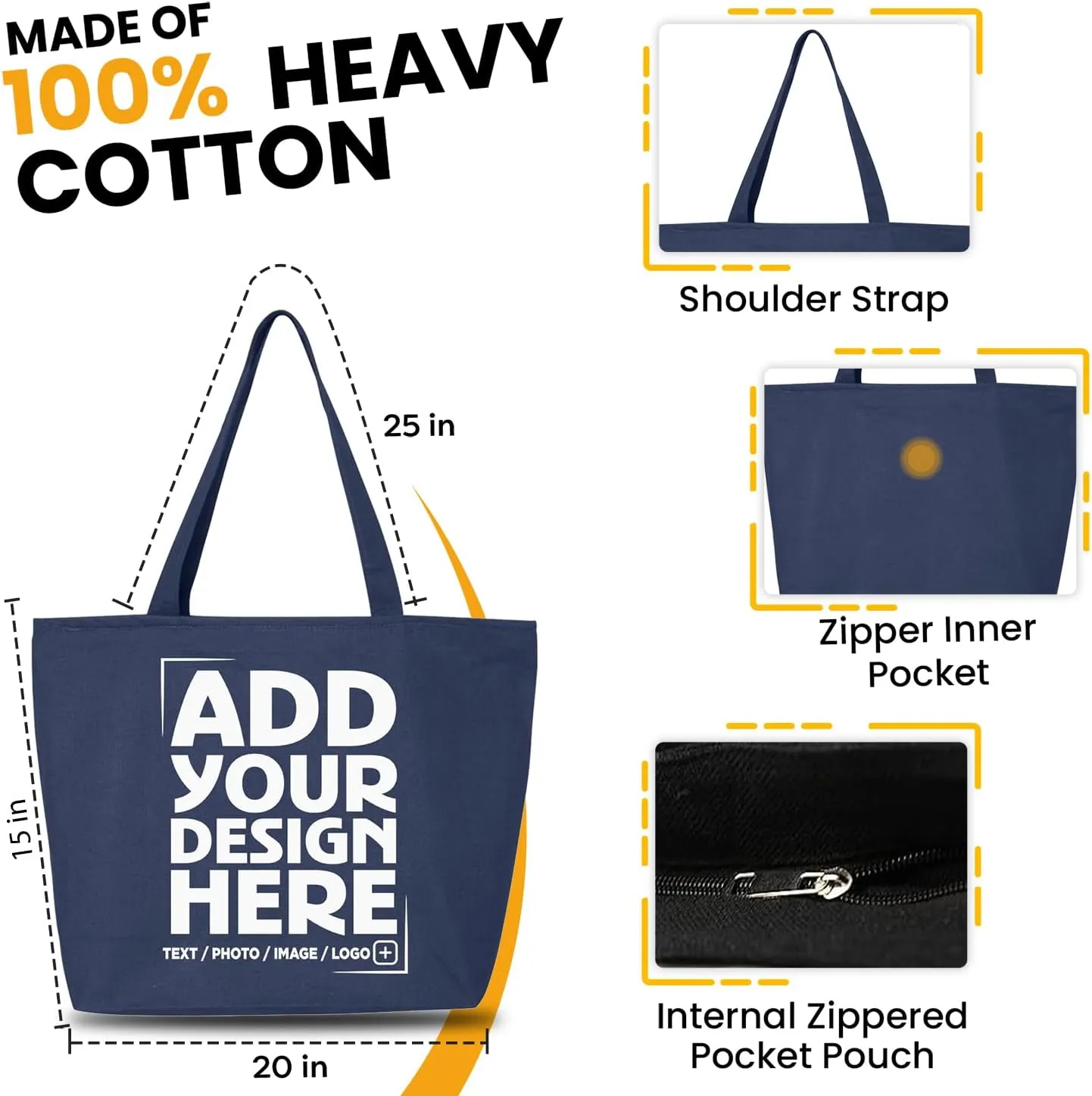 shop4ever Personalized Custom Design Your Own Heavy Canvas Tote with Zipper Reusable Shopping Bag Customizable Gift