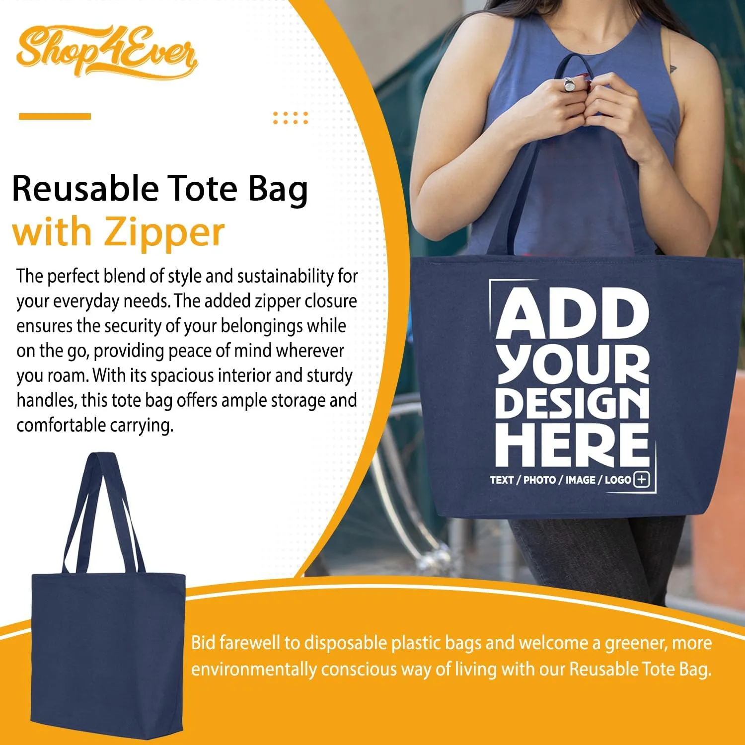 shop4ever Personalized Custom Design Your Own Heavy Canvas Tote with Zipper Reusable Shopping Bag Customizable Gift