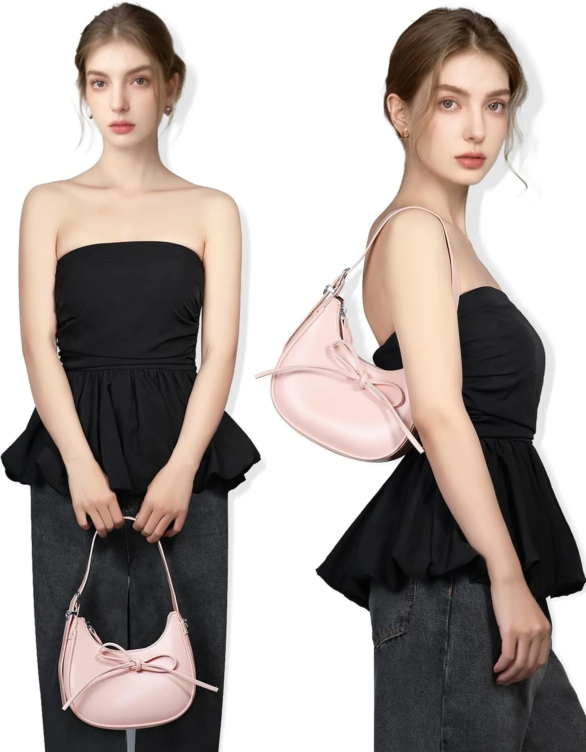 Shoulder Bag for Women - Bow Clutch Purse PU Leather, Removable Chain Crossbody Handbag with Zipper Closure