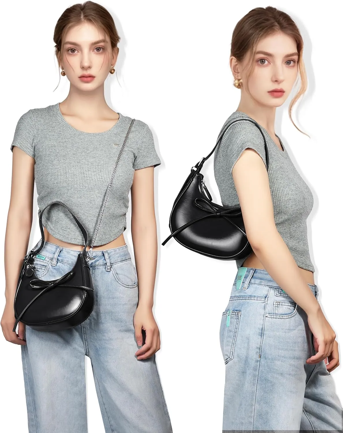 Shoulder Bag for Women - Bow Clutch Purse PU Leather, Removable Chain Crossbody Handbag with Zipper Closure