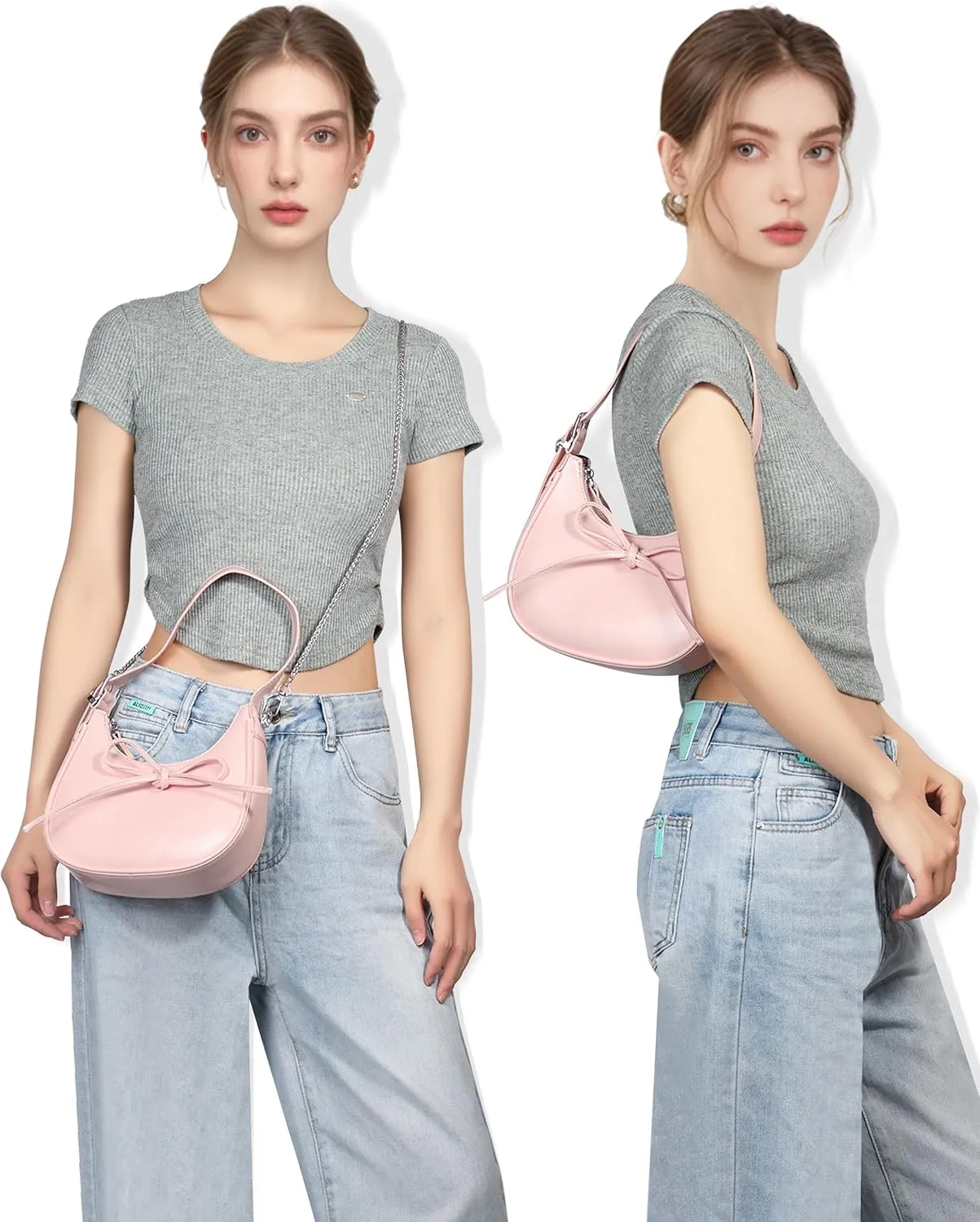 Shoulder Bag for Women - Bow Clutch Purse PU Leather, Removable Chain Crossbody Handbag with Zipper Closure