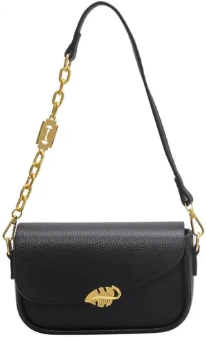 Shoulder Bag for Women Girl Stylish Clutch Handbag Lightweight Chain Purse Fold-over Top Handle Satchel for Daily Use, Black