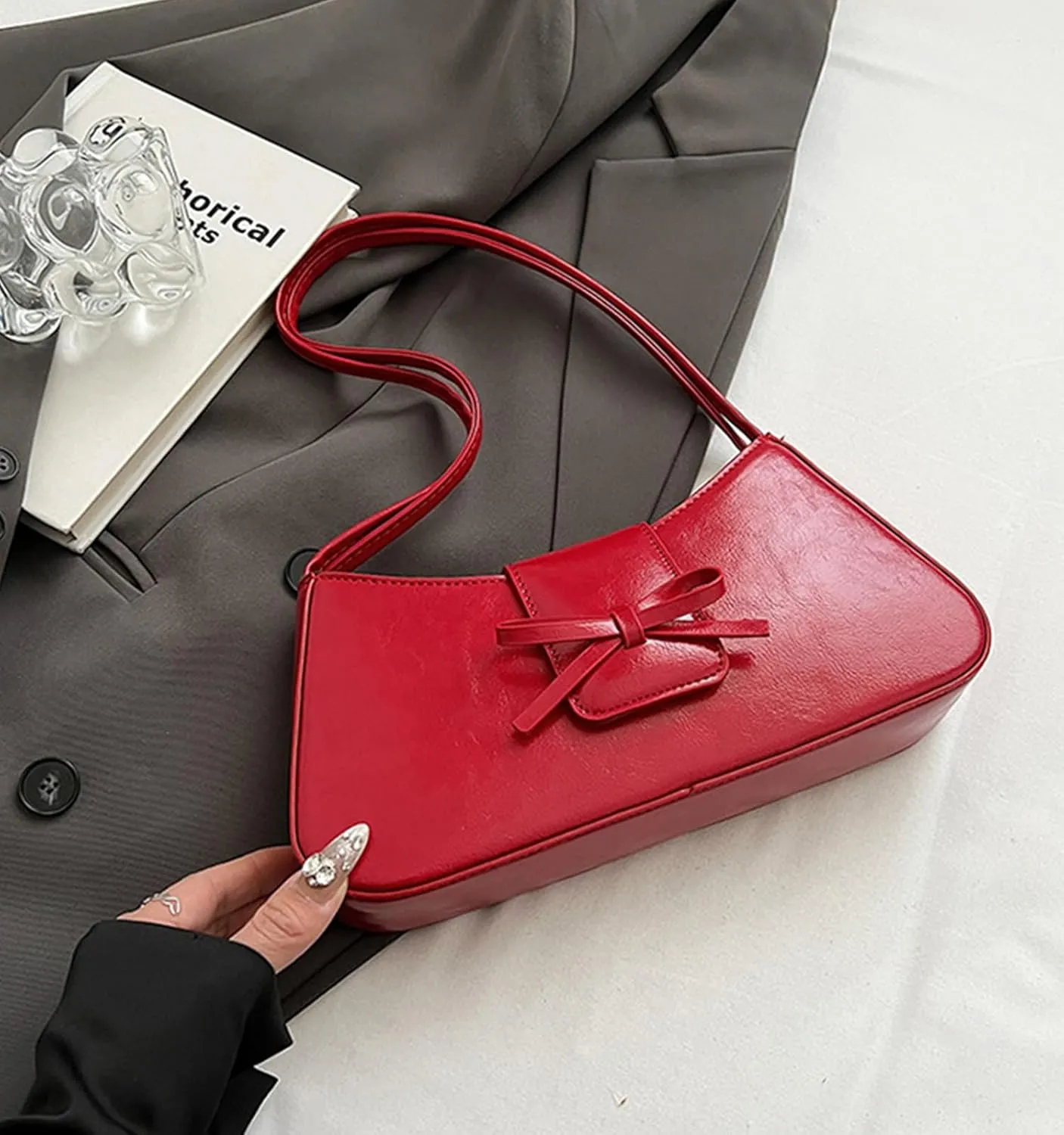 Shoulder Bag for Women, Hobo Handbags Trendy Y2K Purses Patent Leather Clutch Bag Cute Bow Purse