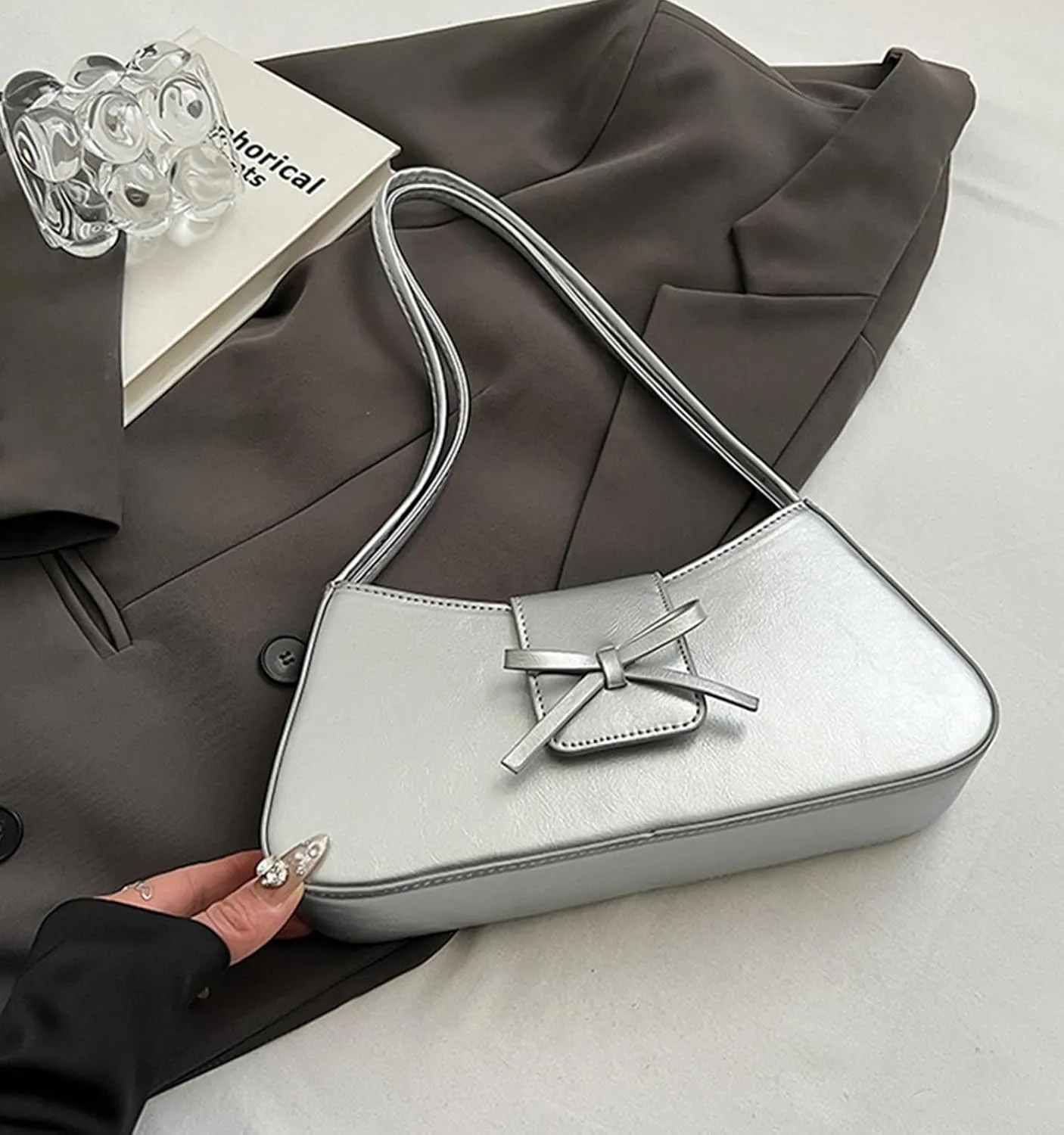 Shoulder Bag for Women, Hobo Handbags Trendy Y2K Purses Patent Leather Clutch Bag Cute Bow Purse