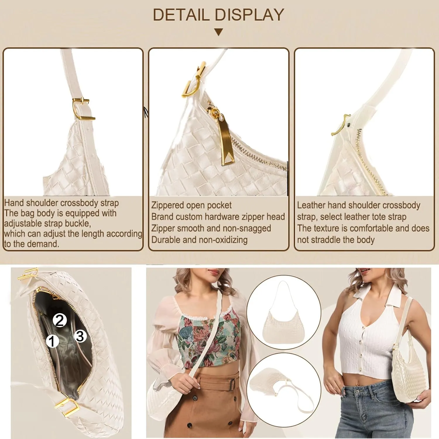 Shoulder Handbags for Women Crossbody Woven Leather Tote Shoulder Bag Purse Hobo Lightweight With Zipper Adjustable Strap